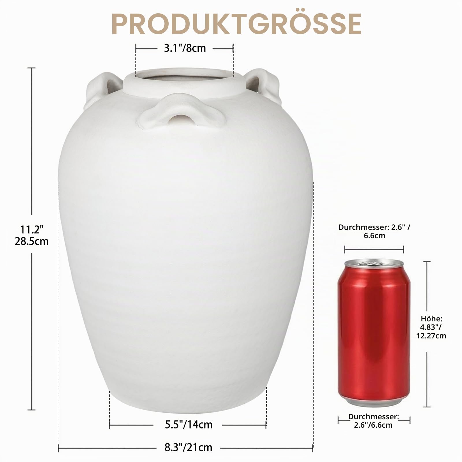 Deko Vase Keramik im Landhausstil – Rustikale Blumenvase für Pampasgras & Trockenblumen, Weiß Vintage Krug Vase mit Griffen, Tischdeko Wohnzimmer Bauernhaus Deko, 28,5 cm