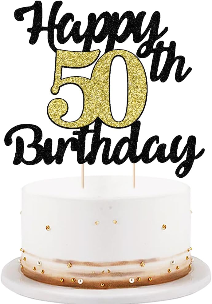 LVEUD happy birthday cake topper Black Font Golden Numbers 50th birthday happy Cake Topper -Birthday Party Decorations (50th)