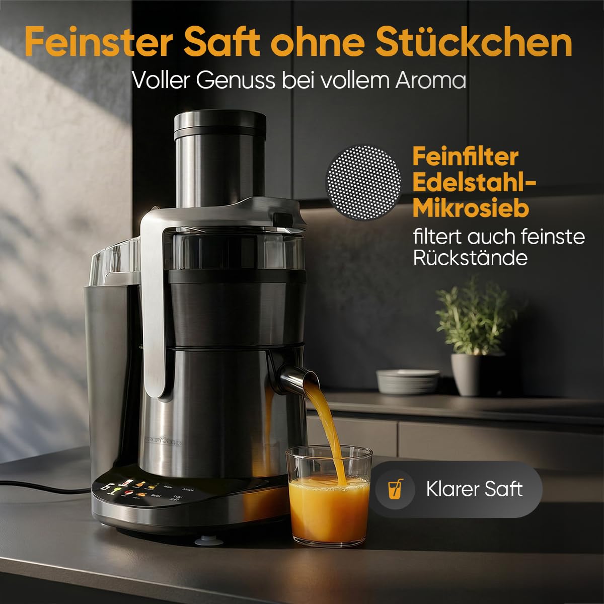 ProfiCook® Entsafter | leicht zu reinigender Slow Juicer | XXL-Einfüllschacht | 1000W Longlife-Motor | feines Mikrosieb | Touch-Display | 6 Stufen | Saftpresse | inkl. Reinigungsbürste | PC AE 1326