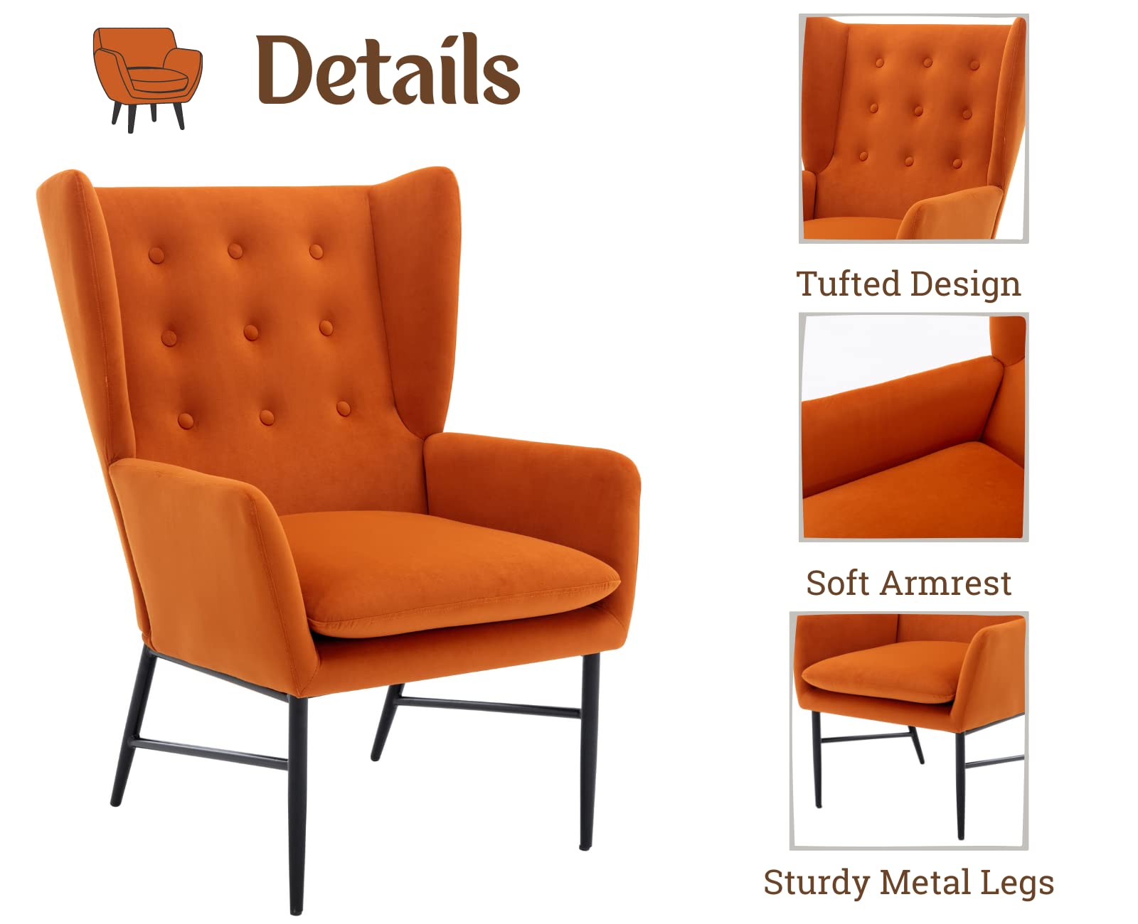 Wahson Sillón de Salón Relax Tapizado de Terciopelo con Reposabrazos Butaca de Ocio de Asiento Grueso con Patas Negras Metálicas para Sala de Estar/Balcón/Habitación(Naranja)