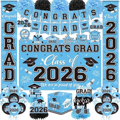 Graduation Decorations 2026 Light Blue Party Decor Set with Congrats Grad Banner Class of 2026 Backdrop Balloons Box & Streamers Supplies for High School & College Celebrations