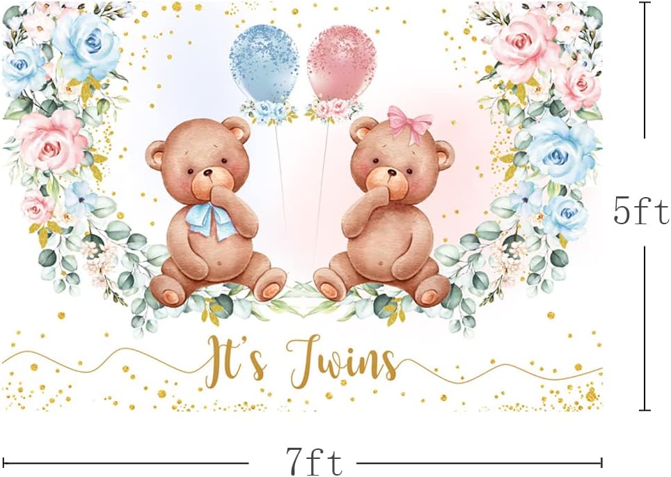 MEHOFOND Twin Bear Boy Girl Baby Shower Backdrop It's Twins Pink Blue Floral Birthday Party Decorations Photography Background Newborn Gender Reveal Theme Cake Table Banner Supplies 7x5ft image 3