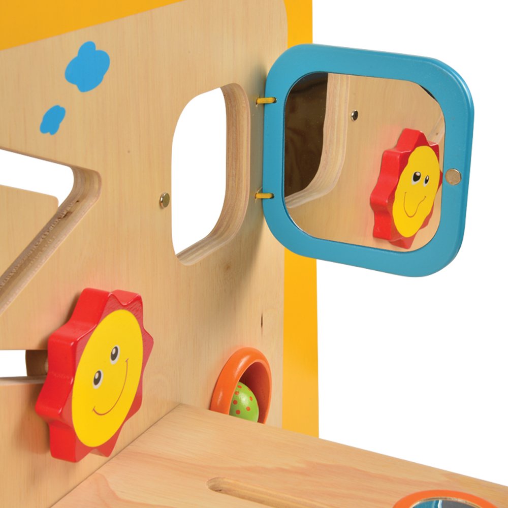 Constructive Playthings 21 1/2" H. x 18" W. Wooden Early Exploration Panel Activity Center with Ten Activities for Ages 12 Months and Up