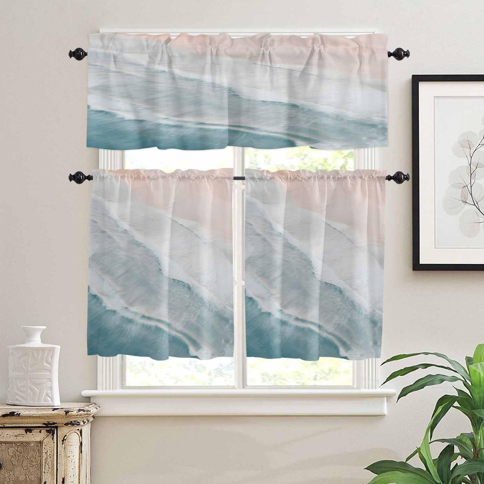 Beach Coastal Kitchen Curtains 24 Inch Length, 3 Piece Rod Pocket Small Half Tiers and Valance Set, Blue Nautical Summer Ocean Seaside Small Large Window Treatment Decor for Bedroom/Bathroom Sink