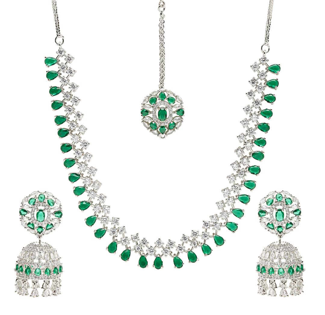 YouBellaJewellery for Women American Diamond Necklace Jewellery Set with Earring and Maang Tikka for Women and Girls