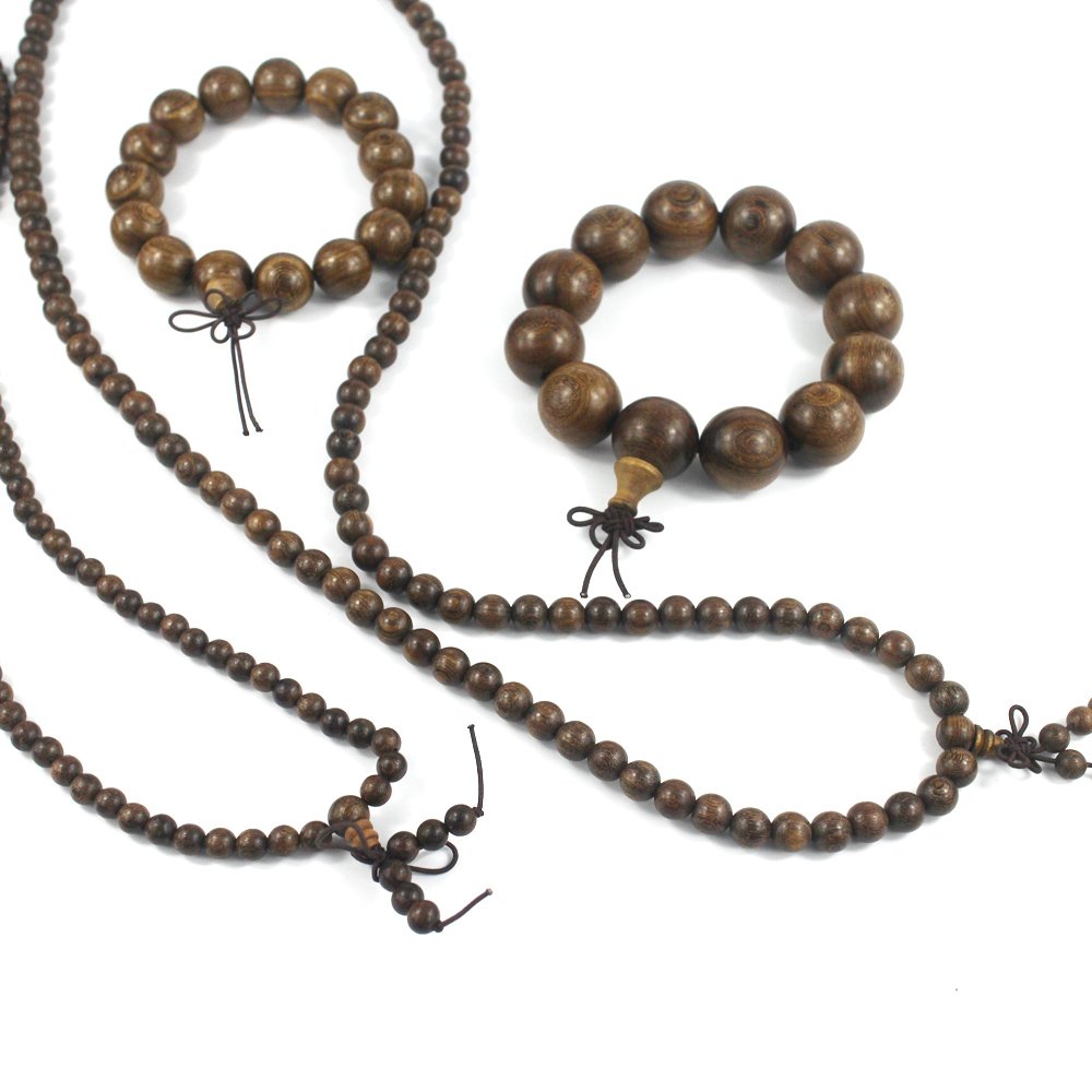 Wood Bracelet Link Wrist Necklace Chain Tibetan Buddhist Gray Beads Prayer Mala Chinese Knot Elastic Men,Women - 6mm-8mm-4pcs/2Sets