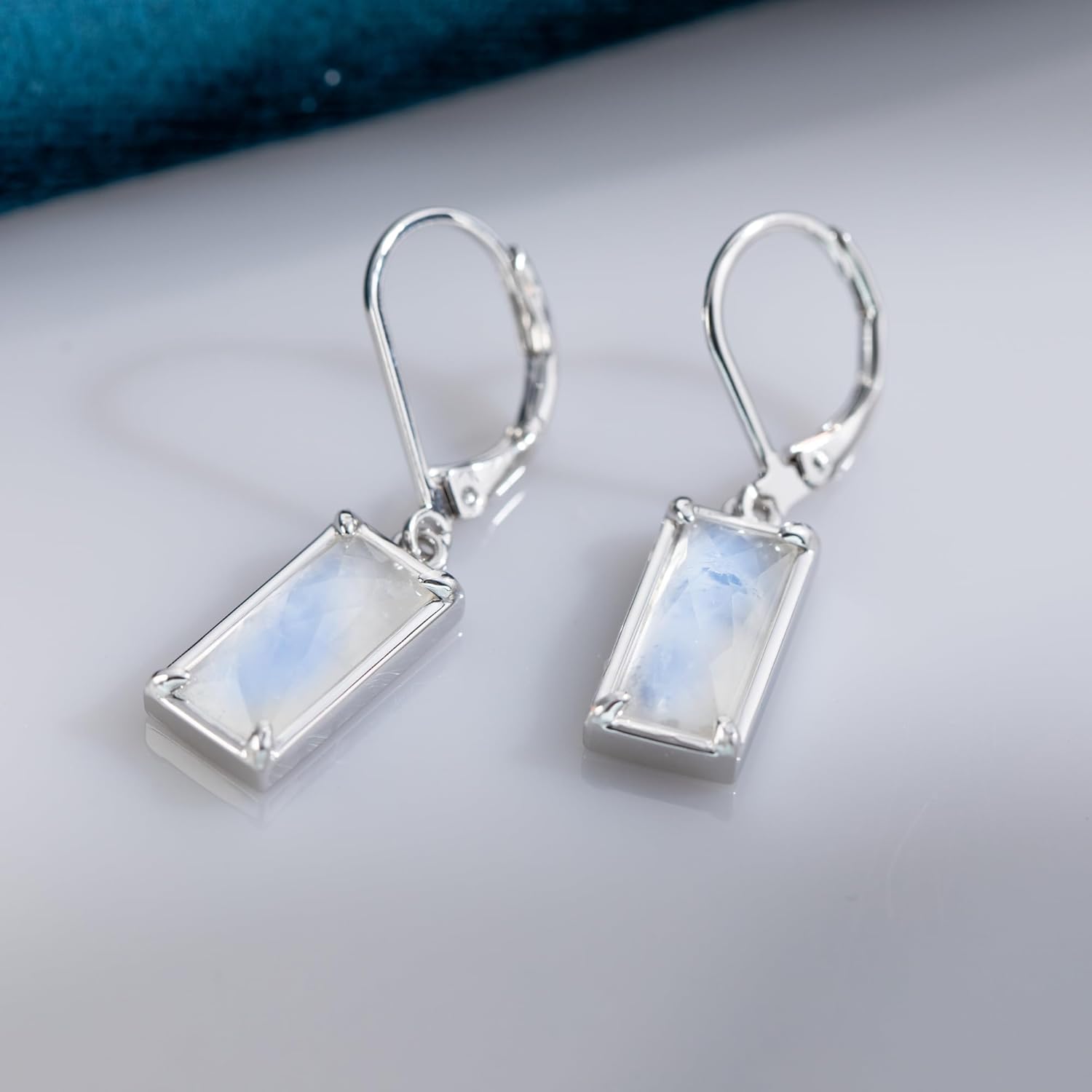 Moonstone Earrings 925 Sterling Silver Rectangular Moonstone Dangle Drop Earrings Natural Gemstone Jewelry for Women - Image 4