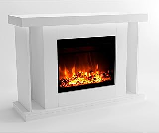 GLOW FIRE Elektrokamin mit Heizung und Kaminfeuer (Standkamin TARVOS) - elektrischer Kamin mit LED-Feuer in 3 Farben, Heizlüfter, Holz-Deko & Fernbedienung, 120x84x38 cm, Weiß