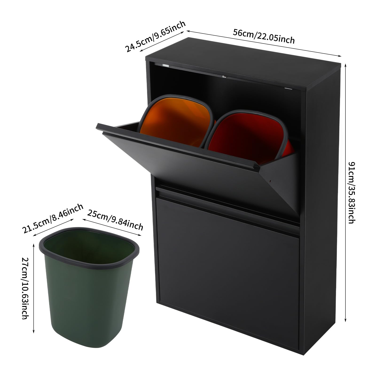 Cubo de basura de cocina, 4 x 15 L, sistema de separación de residuos de gran capacidad, cubo de basura con puertas abatibles, armario reciclado para hogares, oficinas, espacios comerciales
