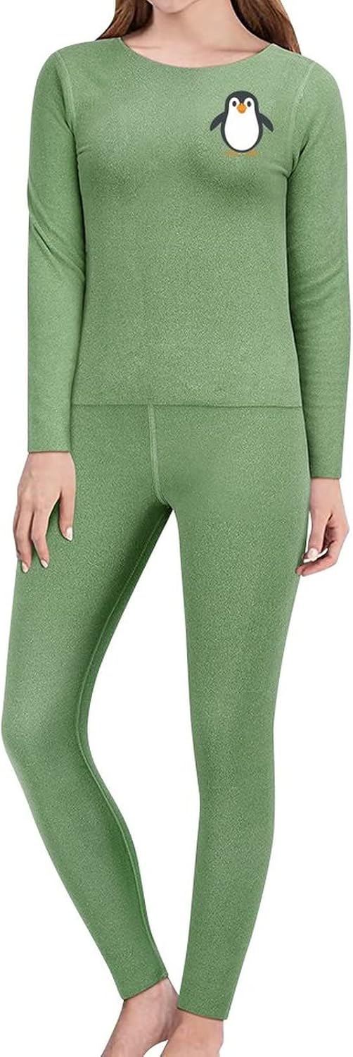 Penguin Women’s Thermal Long Johns Underwear Set V Neck Top And Bottom Printed