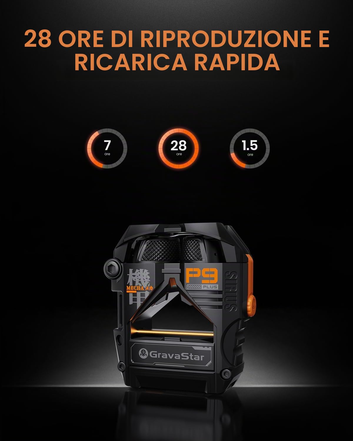 GravaStar Sirius Plus, auricolari wireless Bluetooth con cancellazione attiva del rumore ANC, 28 ore di autonomia, chiamata chiara ENC, app di personalizzazione, IPX4 per sport/lavoro - Nero