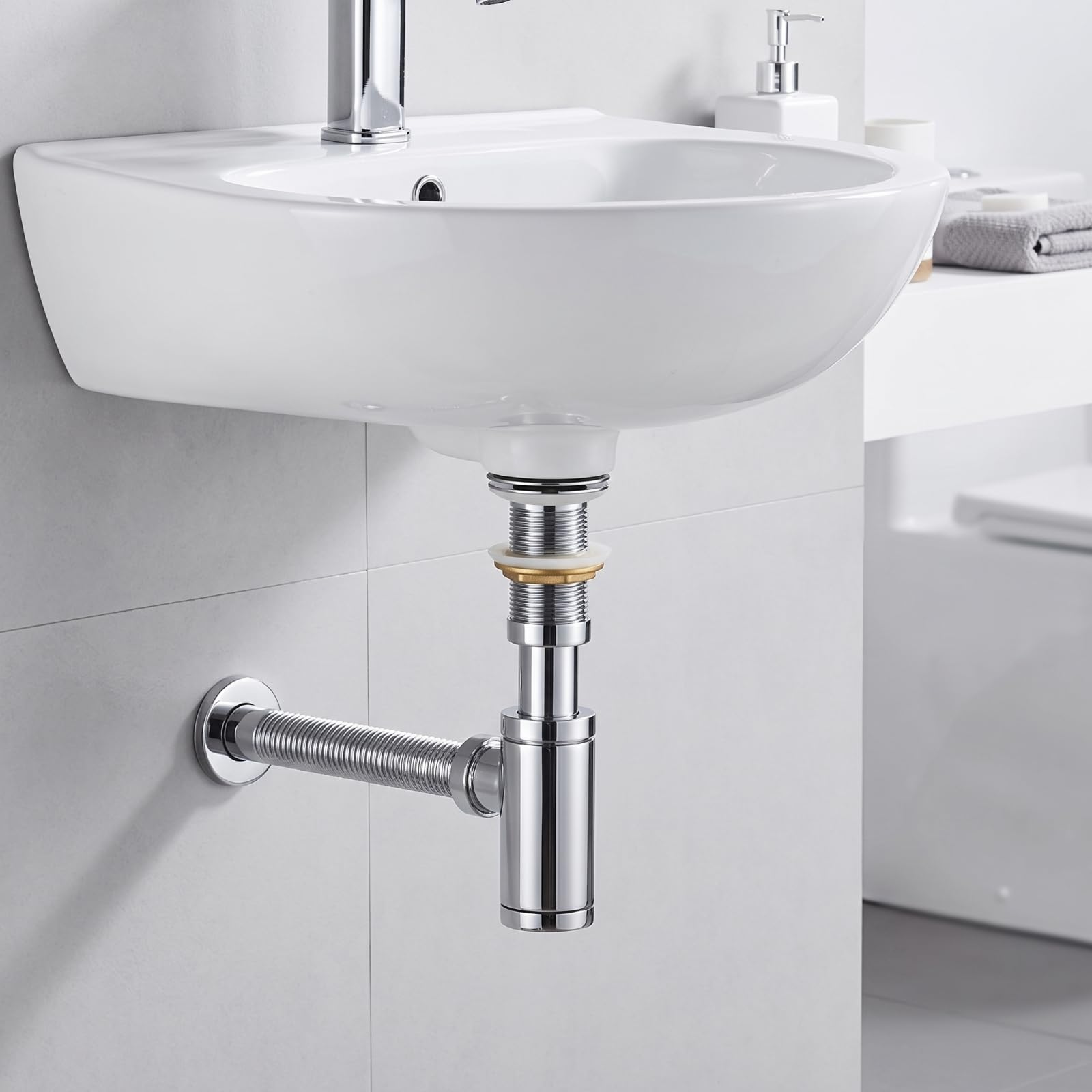 Sifón Botella Cilíndrico Compacto Antiolor, Conjunto Tubo Residuos Redondo, para Lavabo, 80 Doblado con Agujeros