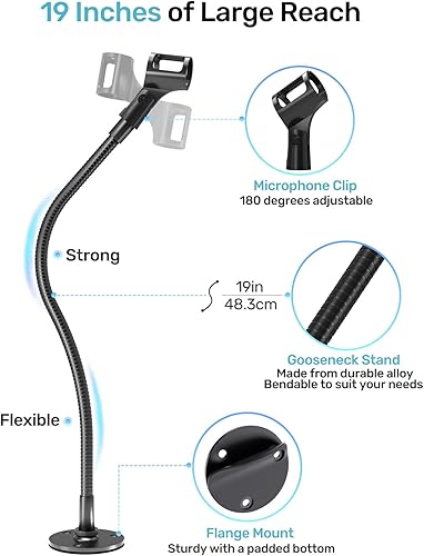 Miniatura 3 de Soporte de micrófono de cuello de cisne de 19 pulgadas, montaje en escritorio y pared, soporte de brazo de micrófono flexible resistente con base de
