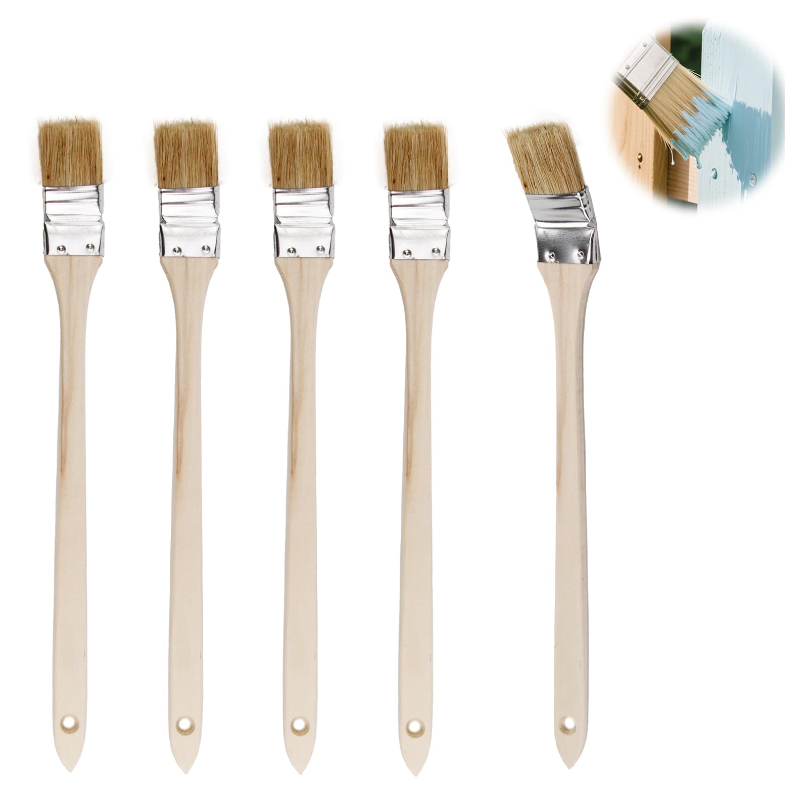 Lot de 5 pinceaux coudés de 40 mm avec long manche en bois pour radiateur pour couper et bordurer, mélange de poils synthétiques et naturels pour murs, garnitures, meubles, clôtures, zones étroites