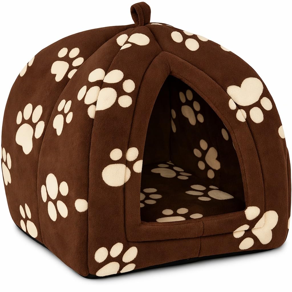 DUAS Igloo Pet Bed Cat Kitten Dog Cozy Fleece Pyramid House with Cushion – Warm, Washable & Foldable (Brown, One Size)