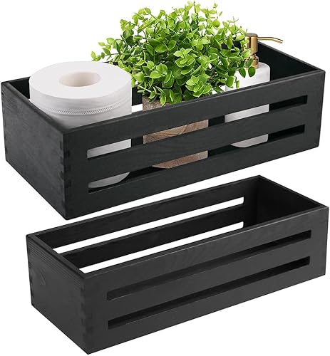 LotFancy Caja de decoración de baño, paquete de 2 soportes de madera para papel higiénico, cesta negra para tanque de inodoro, cesta de