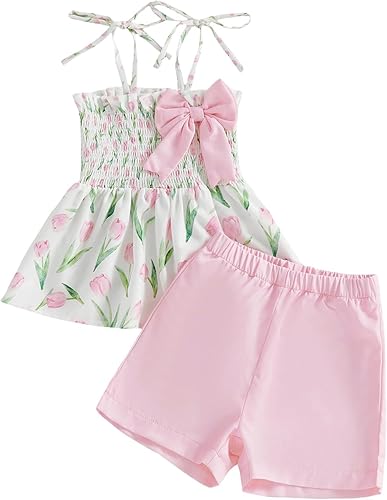 Conjunto de ropa de verano para niña pequeña, con lazo fruncido, camiseta y pantalones cortos, tulipán, floral, lindos trajes para niñas pequeñas