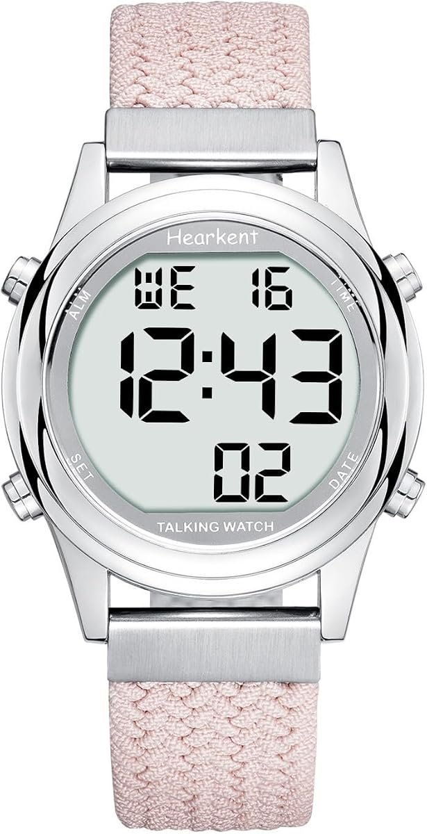 Digital Talking Watch for Ladies Elderly, Visually impaired, Blind | LCD Big Numbers, American Accent Male Voice, Hourly Chime, Stainless Steel/Nylon Elastic Strap, Battery Powered