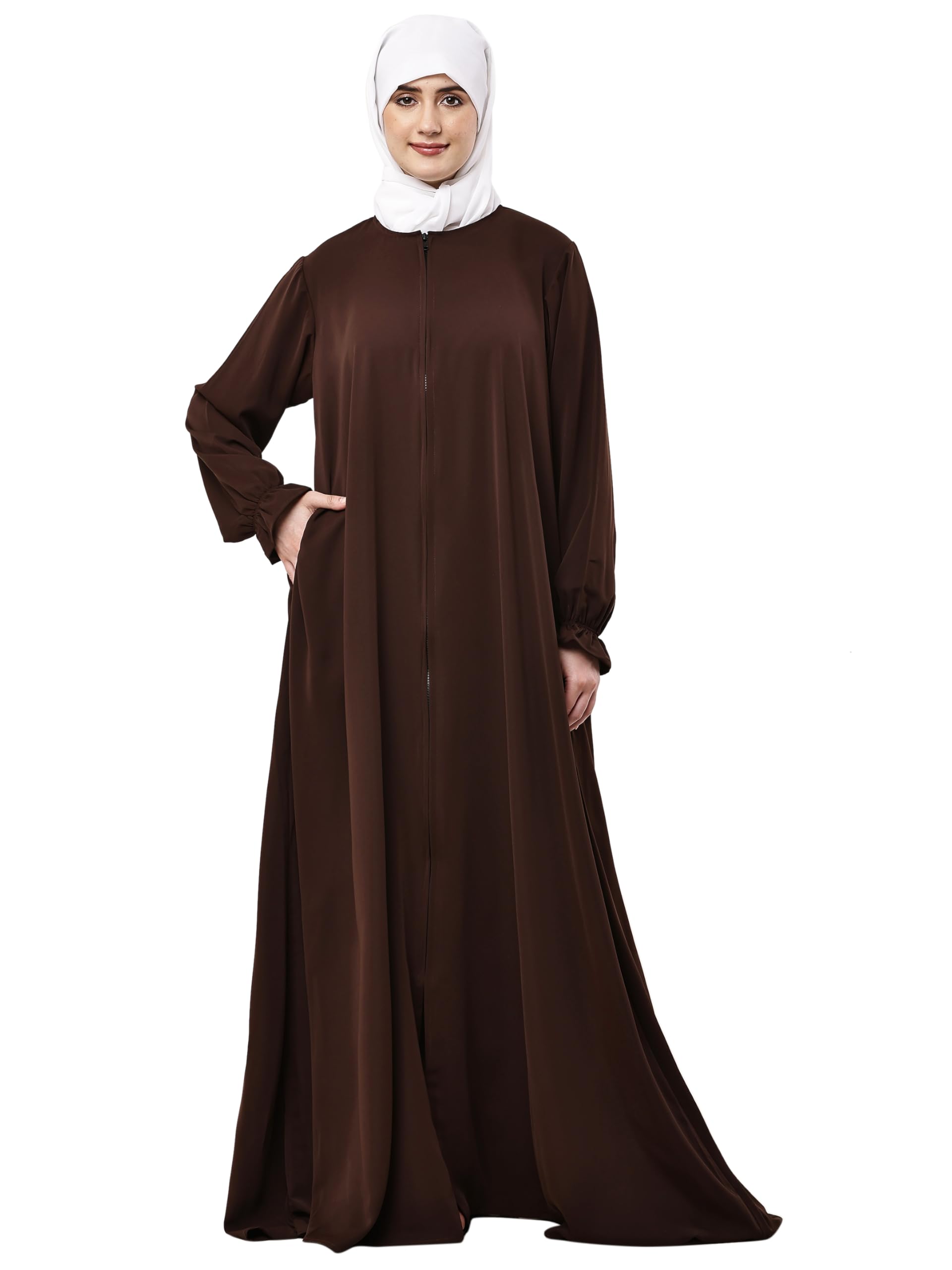 Women’s Front Open Abaya with Long Zip & Smoky Sleeves | Celtos Fabric Long Sleeve with Side Pockets | Modest Wear for Girls & Ladies | Includes 2 Hijabs (Black & White)-picture-15