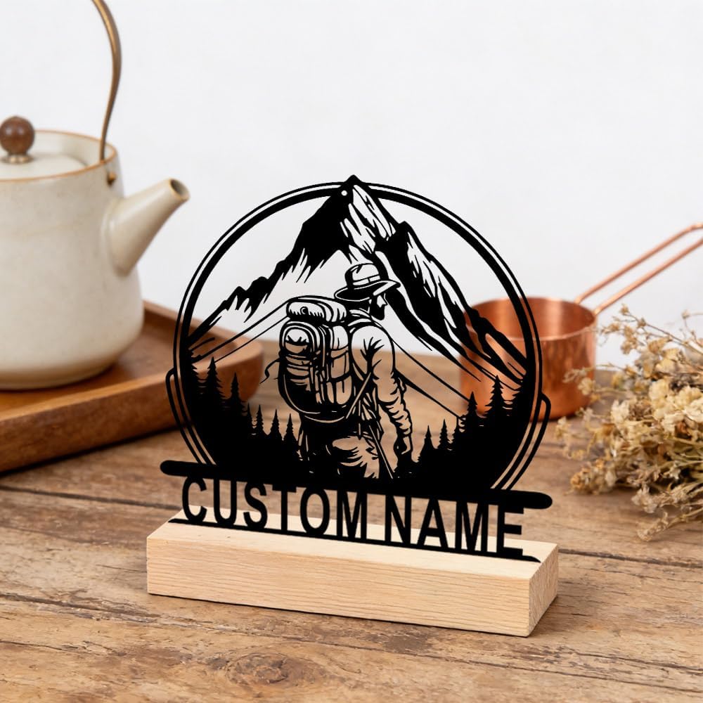 Personalized Mountain Scene Metal Sign with Wooden Base Custom Wall Decor for Home Office Garage Indoor Outdoor Durable Rustic