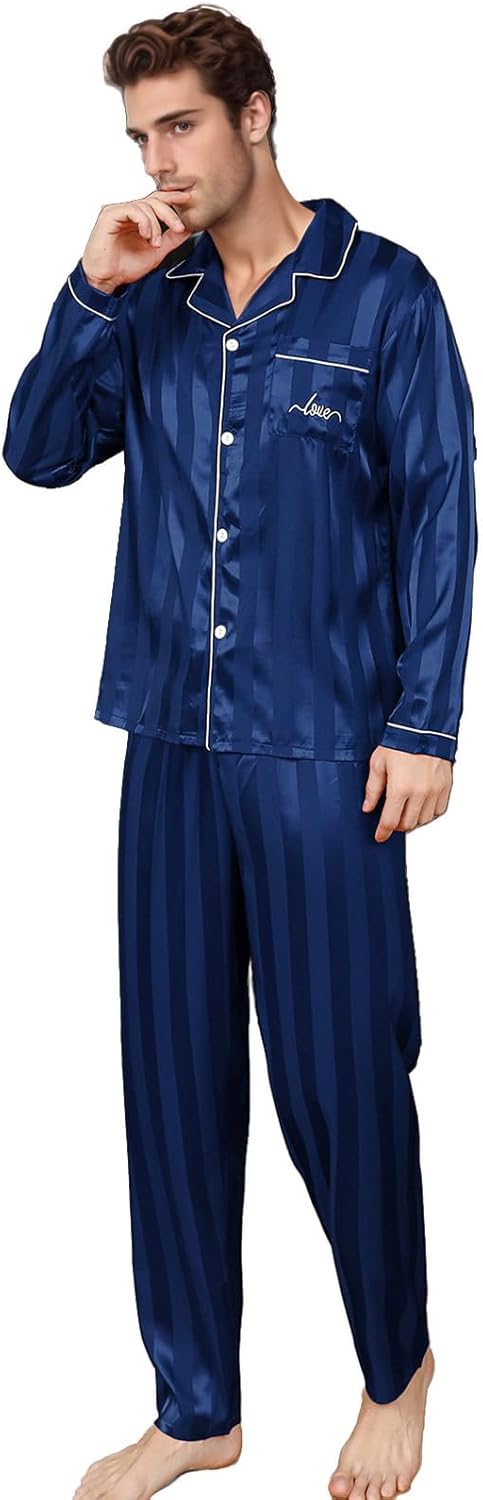 ShuiGod-Mens Silky Satin Pajamas Set Long Sleeve Top and Long pants Nightwear Button-Down Pj Sets Sleepwear