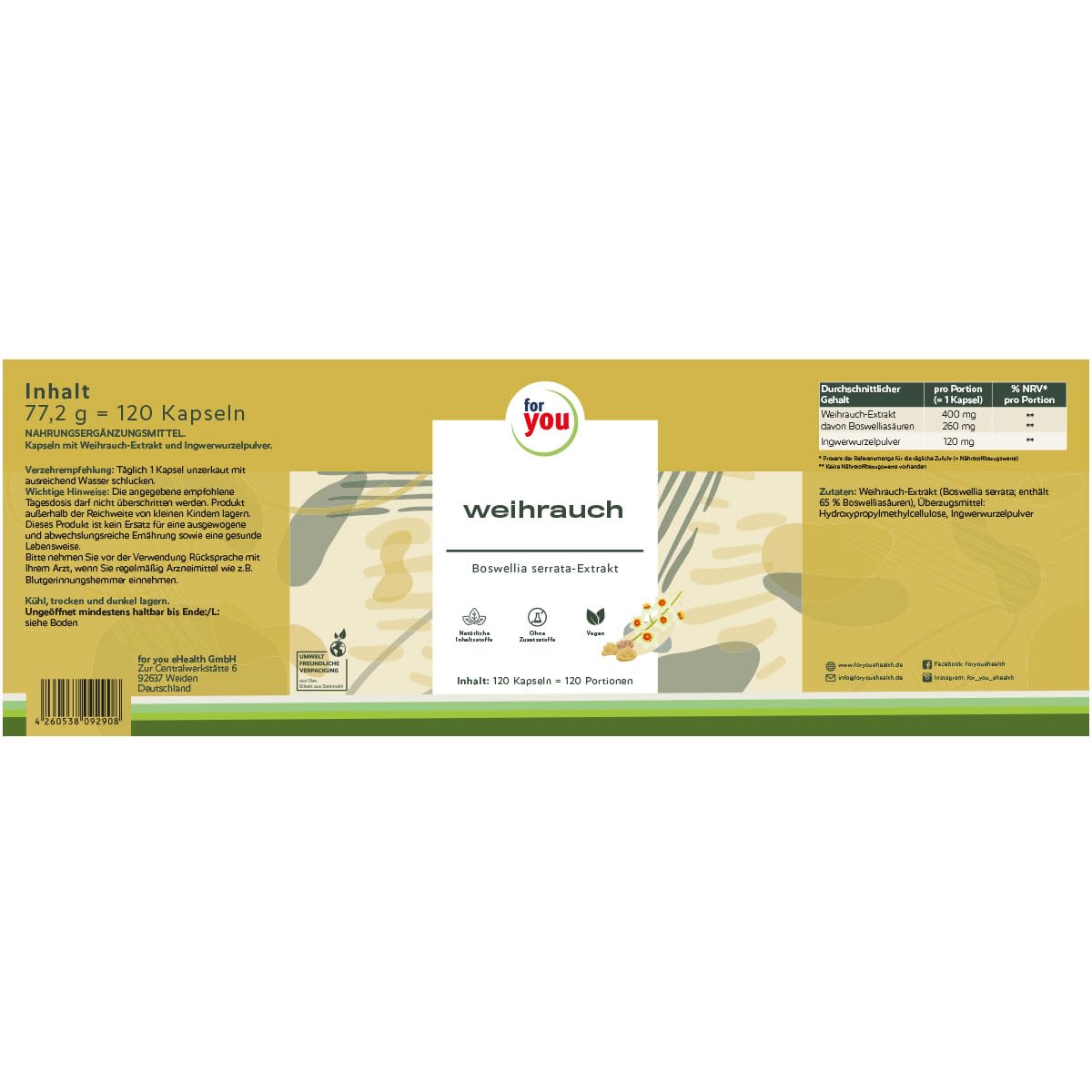 for you Weihrauch Kapseln – 120 Kapseln mit Boswellia Serrata Extrakt, standardisiert auf 65% Boswelliasäuren, plus Ingwerwurzelpulver – 400 mg pro Kapsel