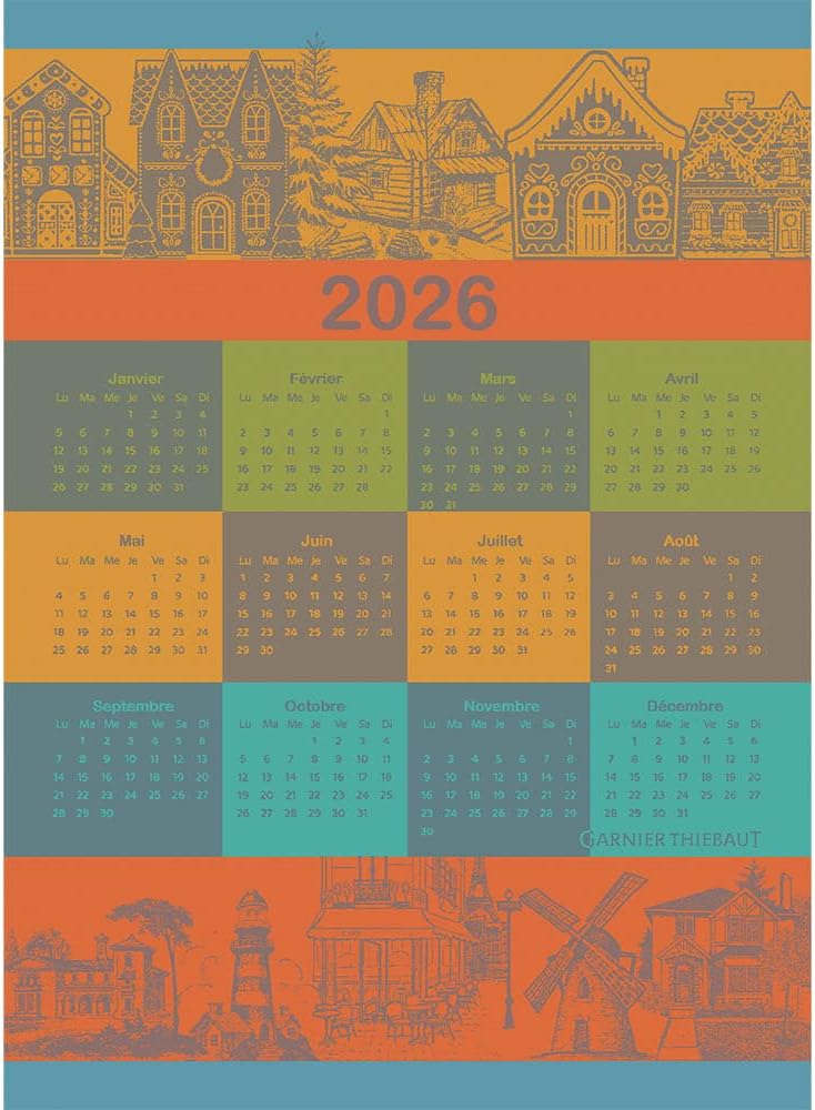 Garnier Thiebaut Calendrier 2026 Celebration French Kitchen Towel 22"x31", Cotton, Jacquard