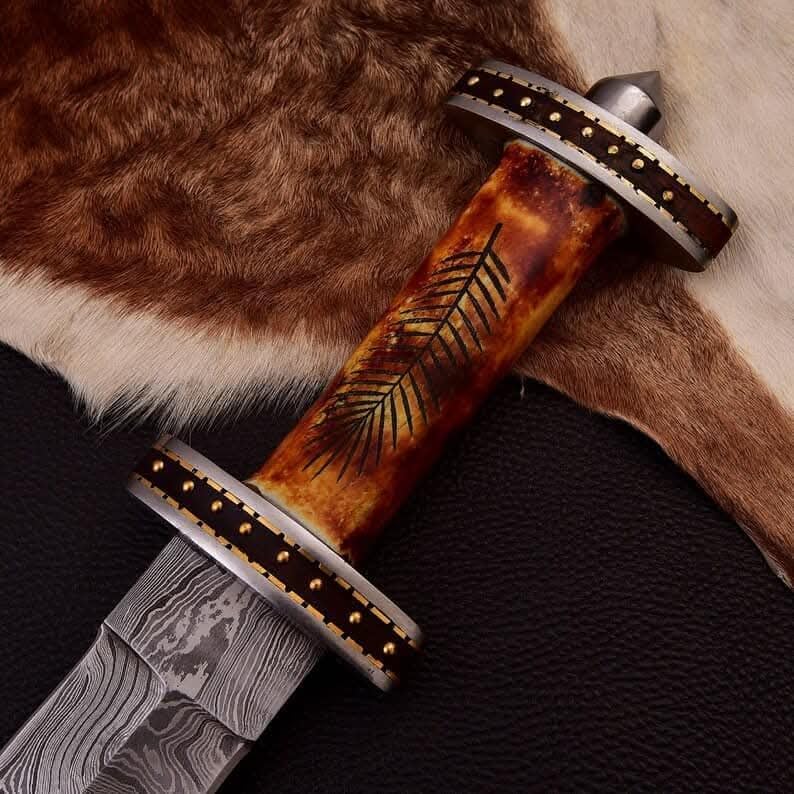 30 Inch Customized Handmade Damascus Steel Double Edge Viking Sword with Leather Sheath, Camel Bone Grip, Sharp Edges Sword, Combat Sword by Empire Industry