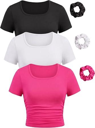 EXARUS 3 Pack Girls Fitted T Shirts Square/Crew/Mock Neck Teen Summer Crop Top Tight Ruched Cute Slim Trendy Basic Tee