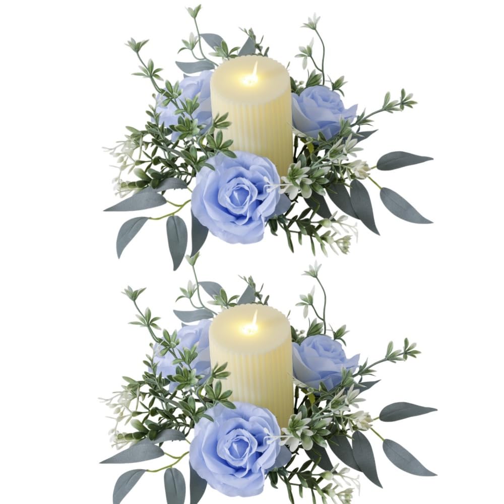 Ccuuhj Blue 2 Pcs Artificial Flowers Candle Rings Fake Roses Floral Wreaths Wedding Centerpieces For Tables Spring Summer Farmhouse Weddings Party Ceremony Decor (Blue)