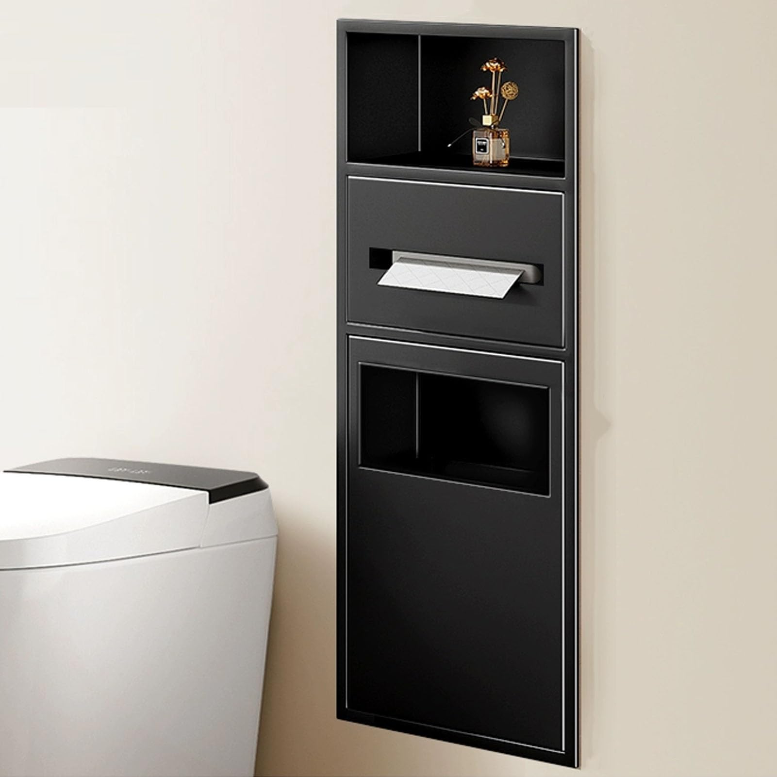 Niche douche encastrable en inox noir avec porte-papier et rangement poubelle