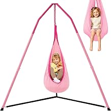 2-in-1 Sensory Swing with Stand, 75-Inch Heavy Duty Steel Swing Stand with Sensory Swing & Pod Swing, Triangular Frame, 240 lbs Capacity, Height Adjustable, Indoor & Outdoor - Pink