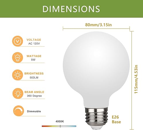 Miniatura 2 de Paquete de 6 Bombillas LED Globo G25 (G80), 5W Regulables Equivalente a 40 Vatios Bombillas LED Edison, Blanco Neutro 4000K, 500LM, Base E26,