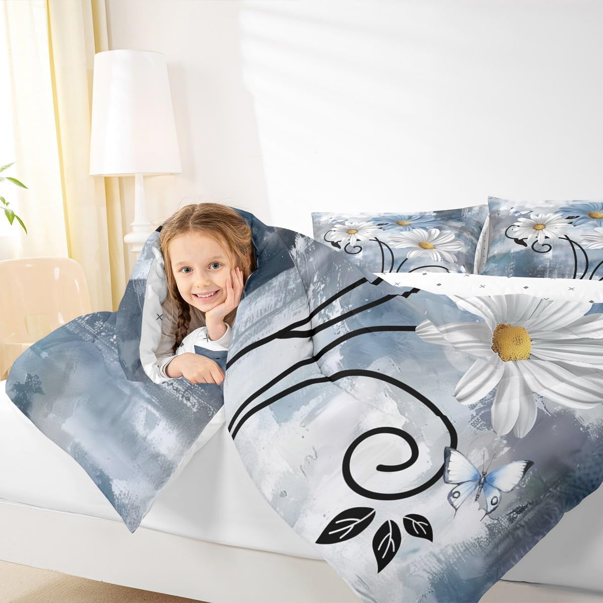 Teal Bedding Set Farmhouse Flower Comforter Set Rustic Farm Blue Floral Down Comforter Queen,Kids Adults Men Women Daisy Country Wooden Quilt Duvet for Oil Painting Room Decor,Blue Turquoise