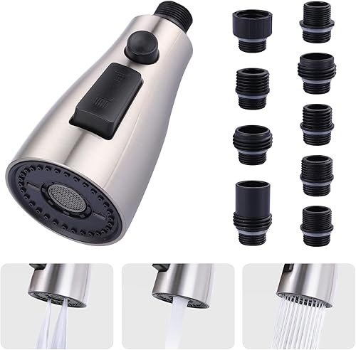 ARCORA Cabezal rociador para grifo de cocina, níquel cepillado, boquilla rociadora de fregadero de cocina de 3 funciones con 9 adaptadores, repuesto