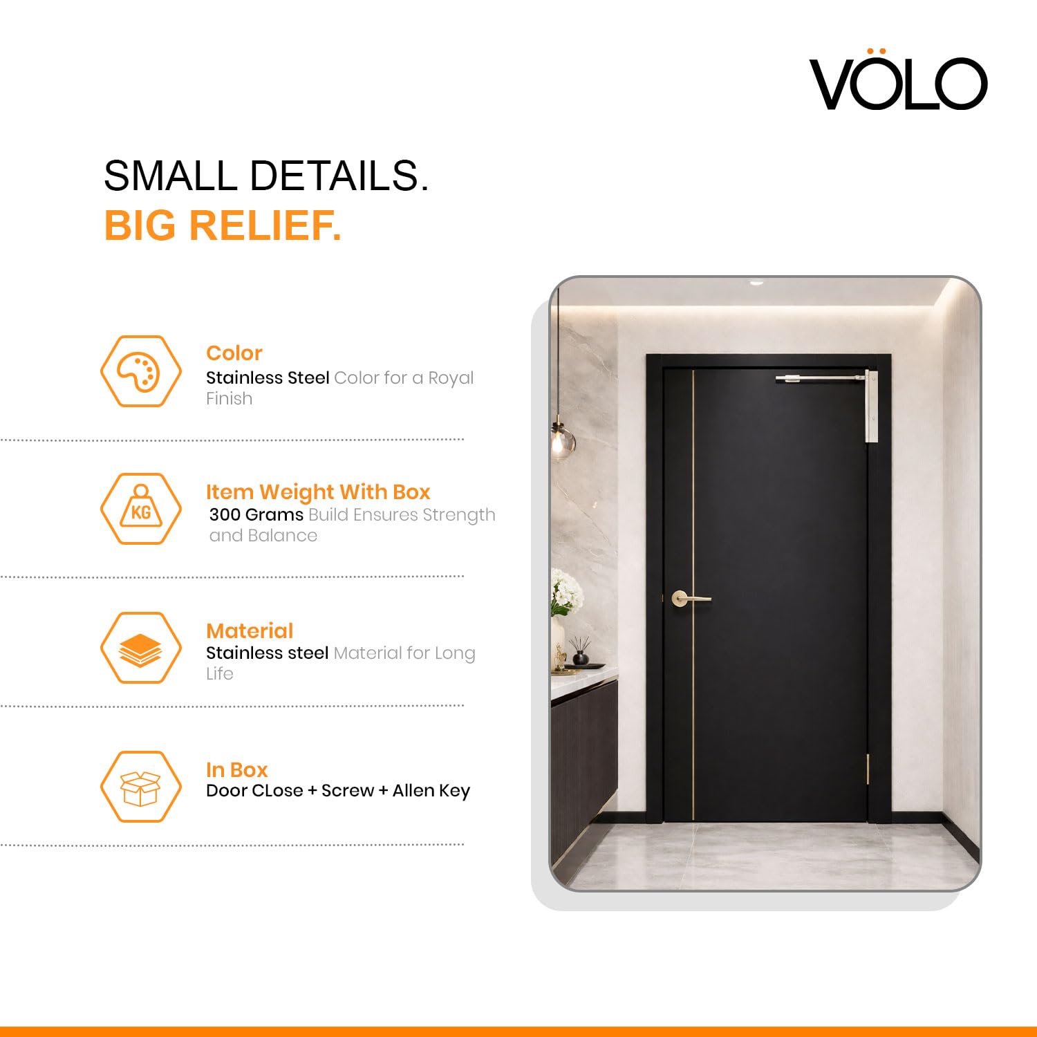 VOLO Spring Door Closer Stainless Steel | Automatic Door Closing for Wooden, Residential & Commercial Doors | Durable Fitting Set Included | Pack of 1 — Amazon image 5
