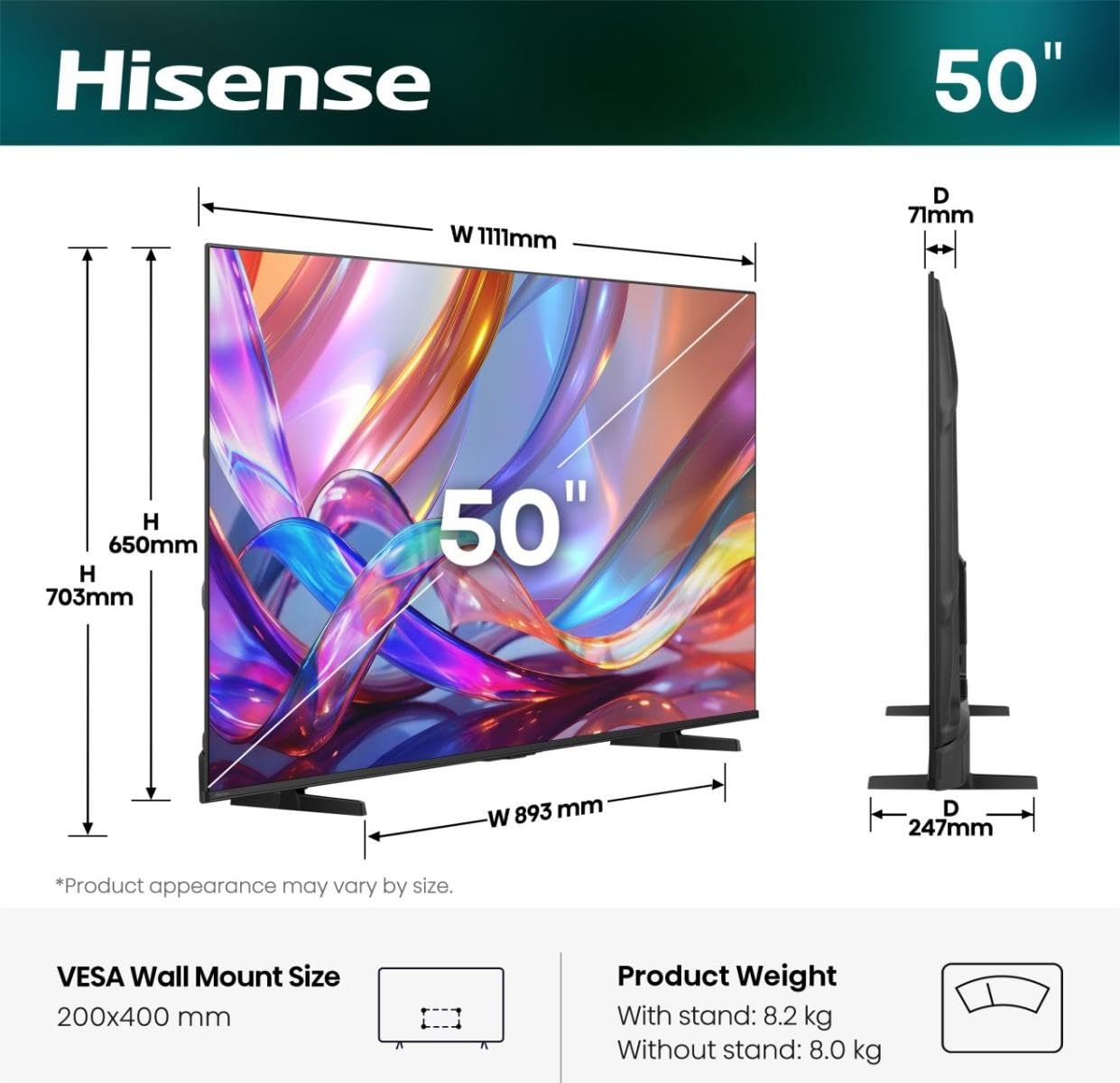Hisense 50Q7S - TV 50 Pollici Smart TV 4K QLED DVB-T2 Wifi HEVC/H.265 Nero Classe Energetica E