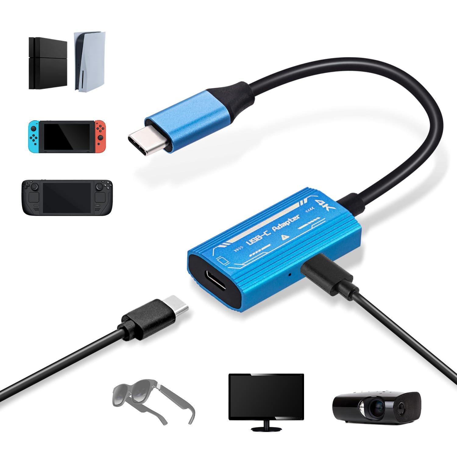 Mcbazel USB-C Adaptador para Gafas AR Compatible con Resoluciones 4K@60Hz y 1080p@60Hz, Carga Rápida PD 100W para PS5/PS4/Switch/Xbox/Steam Deck/ROG Ally/XREAL/RayNeo/Rokid