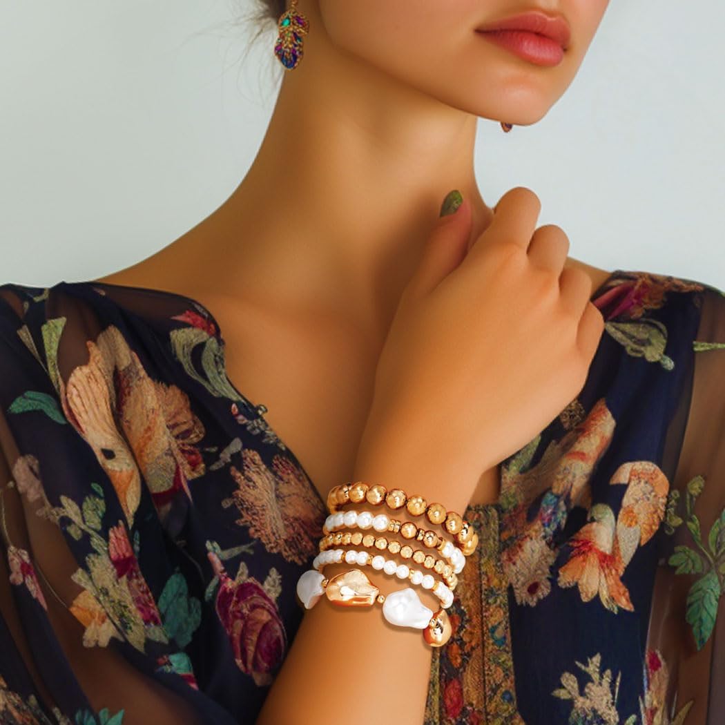 CASDRE Pearl Bracelet Gold Plated Bead Ball Stretch Bracelets Stackable Layering Bracelet for Women - Image 4