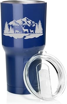 Smooth Body Tumbler Stainless Steel Vacuum Insulated Travel Mug Cup Gift Deer Mountain Forest River Scene 30 oz, Blue