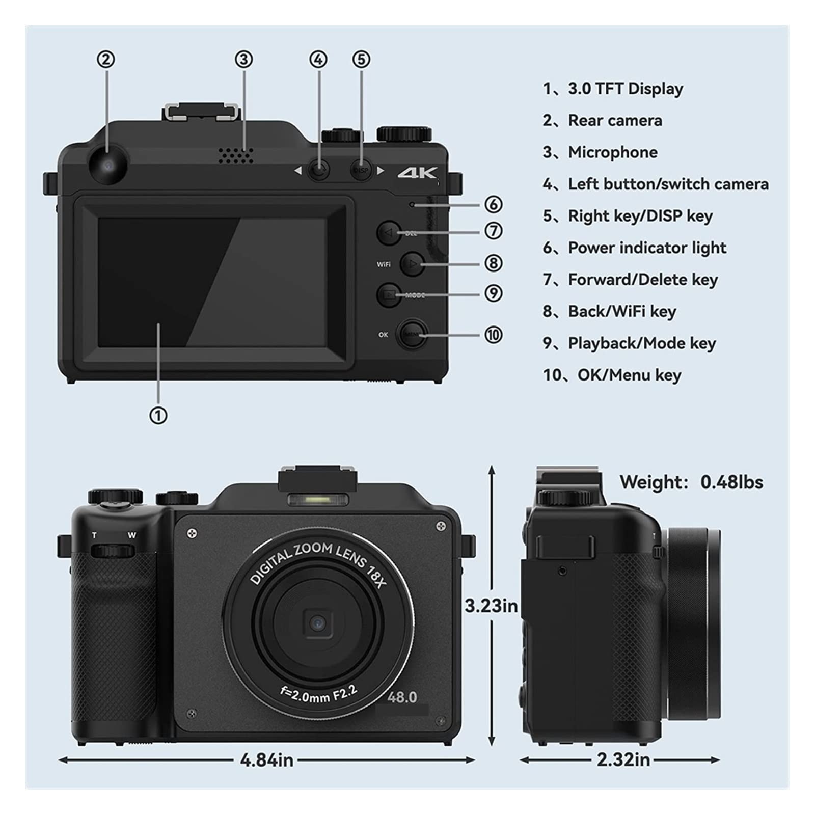 Caméra vidéo Caméscope Caméras Photo numériques grand Angle 48MP bricolage cadre avant arrière double objectif Selfie caméscope for la photographie 18X 4K caméra vidéo(With 128G TF Card,With Wide)