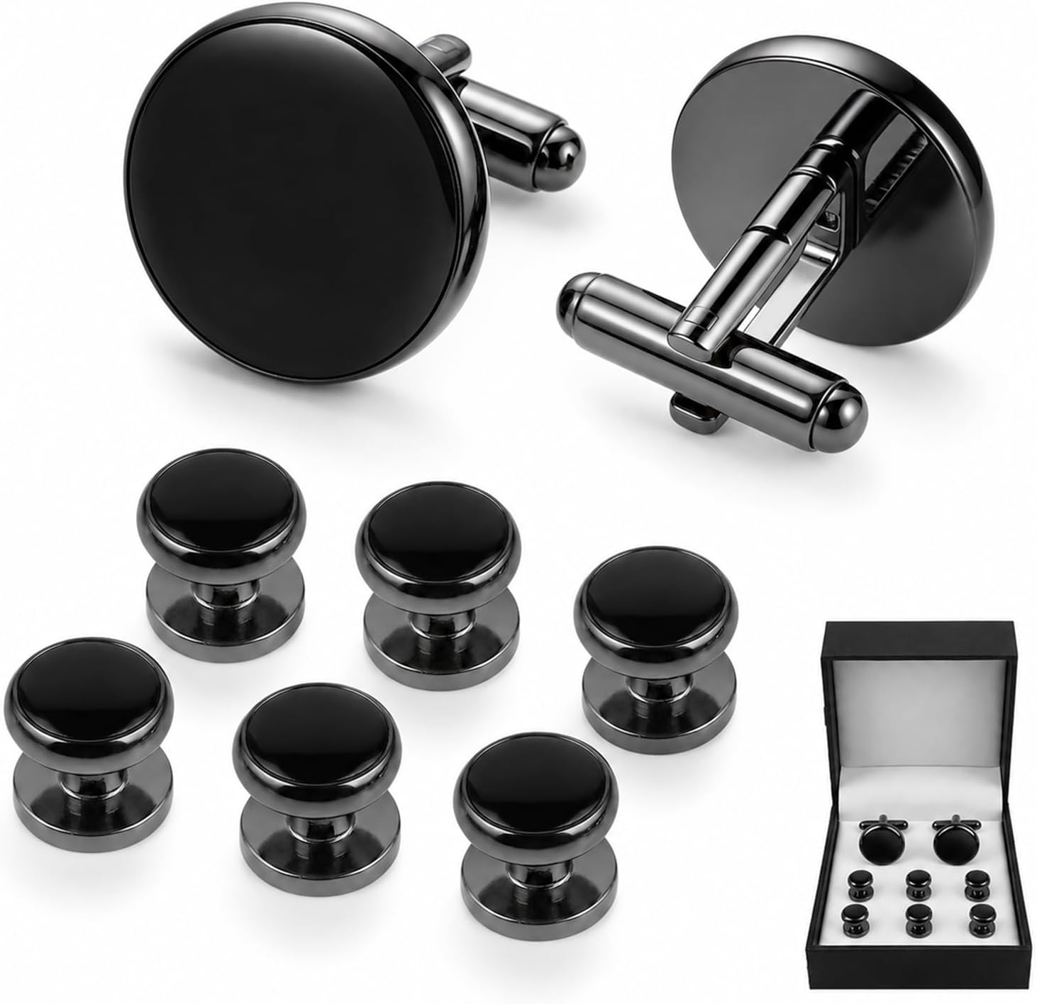 Men's Tuxedo Cufflinks and Studs Set, Stainless Steel Formal Shirt Accessories, Black French Cuff Cufflinks and Studs for Wedding, Business, Anniversary, Black Tie Events