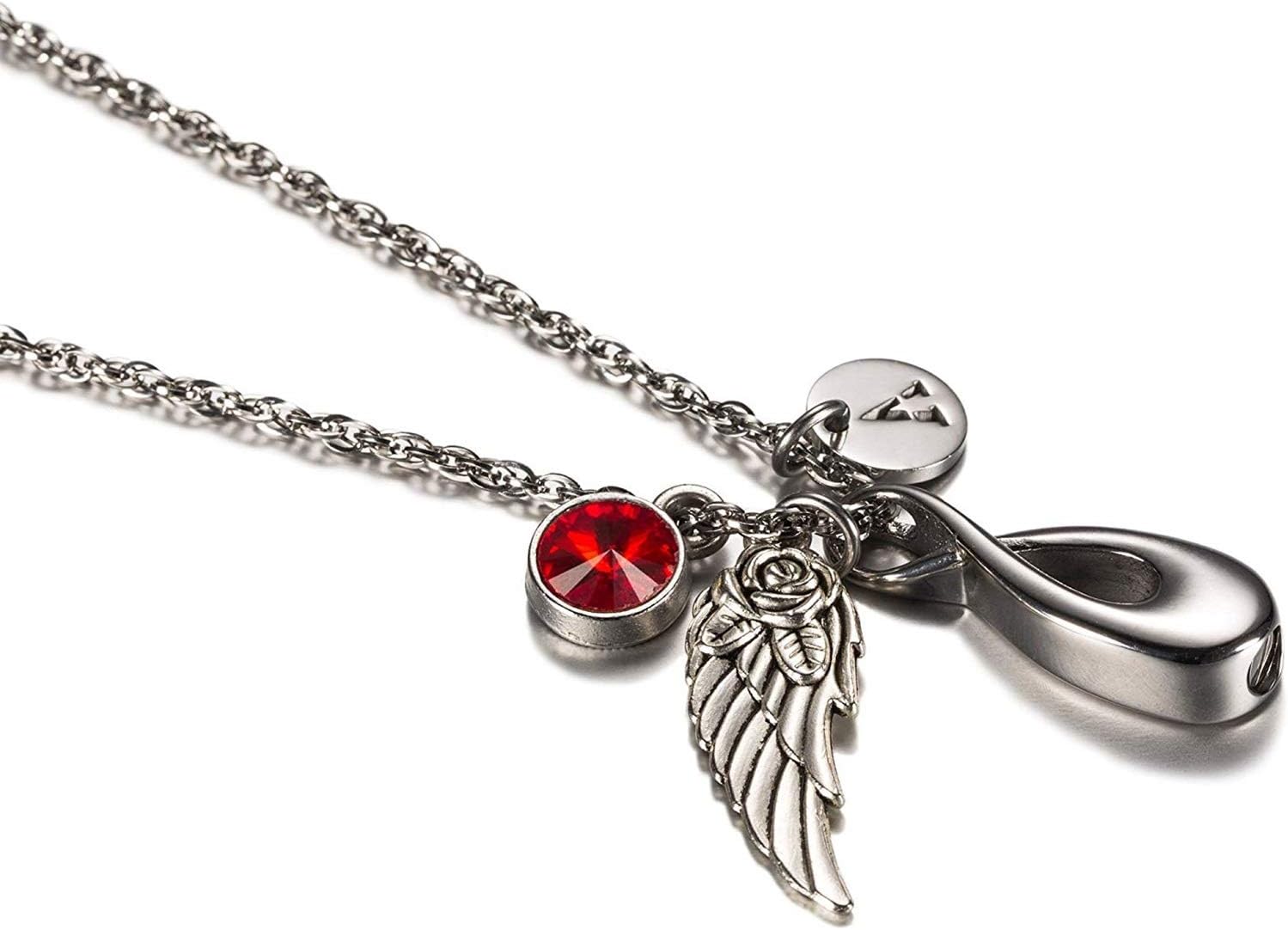 Gualiy Ash Necklace Urn Stainless Steel Infinity Symbols with Birthstone, Angel Wings & 26 Letter Ashes Locket Necklace