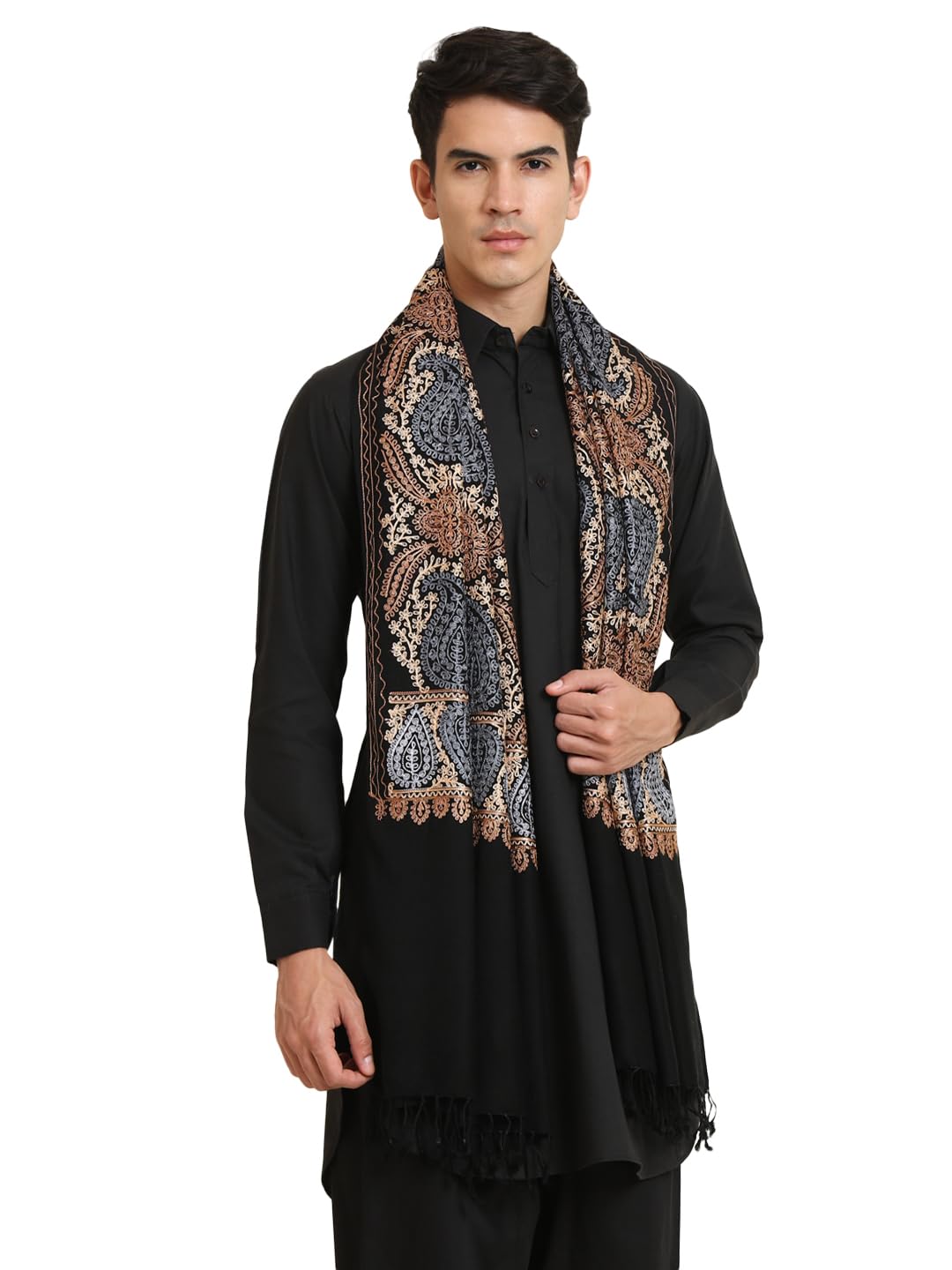 zamour Fine Wool Stole for Men, Luxury Kashmiri Silk Embroidery, Pashmina Feel Shawl in Basic Colors-picture-55