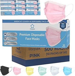 Litepak Premium Disposable Face Masks (500 Masks (10 Boxes), Pink)