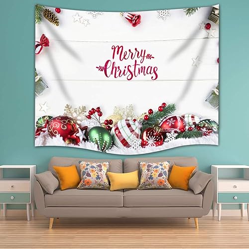 Miniatura 2 de Tapiz de Navidad para pared, inscripción de Feliz Navidad con bolas verdes y rojas, copo de nieve sobre tablero de madera blanco para decoración de