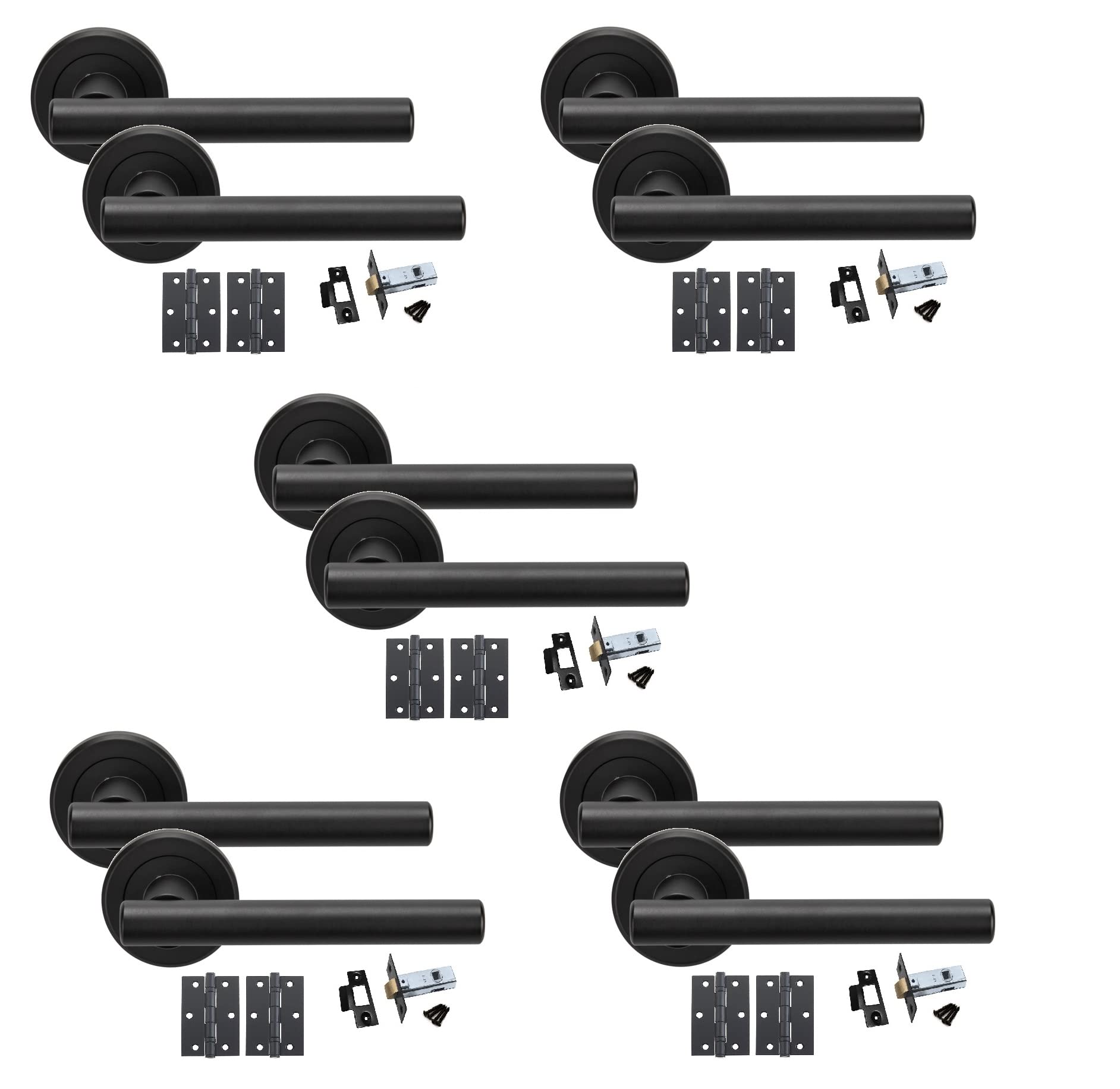 Golden Grace Straight T-Bar Design Door Handles on Round Rose in Matt Black Finish with Ball Bearing Hinges & 64mm Tubular Latch - 5 Sets