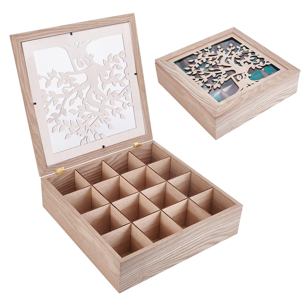 UNICRAFTALE Boîte à thé en bois brun clair avec 16 compartiments - Arbre de vie creux - Organisateur de sachets de thé pour comptoir, cuisine, garde-manger - 32 x 32 x 9,1 cm