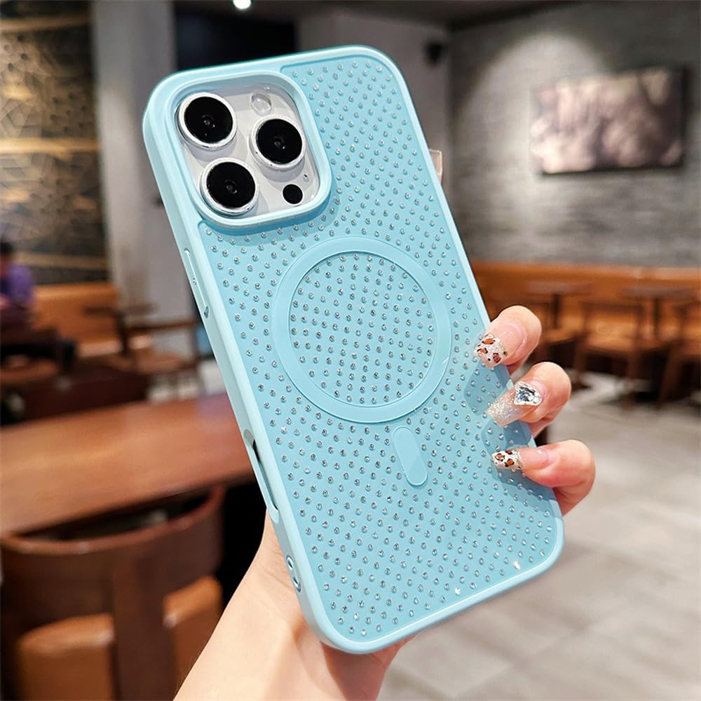 Coque magnétique pour iPhone 14 Pro à paillettes et strass bleu