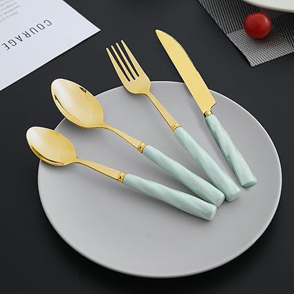 HOKIPO Ceramic 24Pcs Gold Cutlery Set for Dining Table, 410 SS Mirror Finish, Mint (AR-5065-MNT)